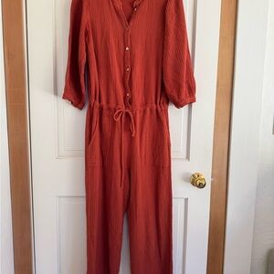 Women's Red Button-Up Jumpsuit